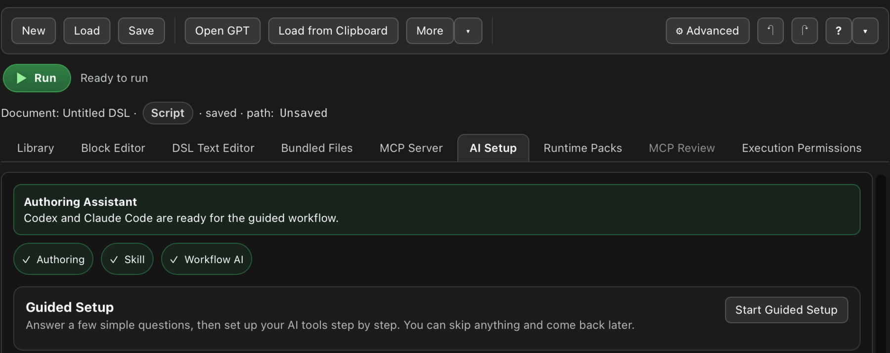 Automation Agent AI Setup tab showing a ready Authoring Assistant and the Start Guided Setup button.