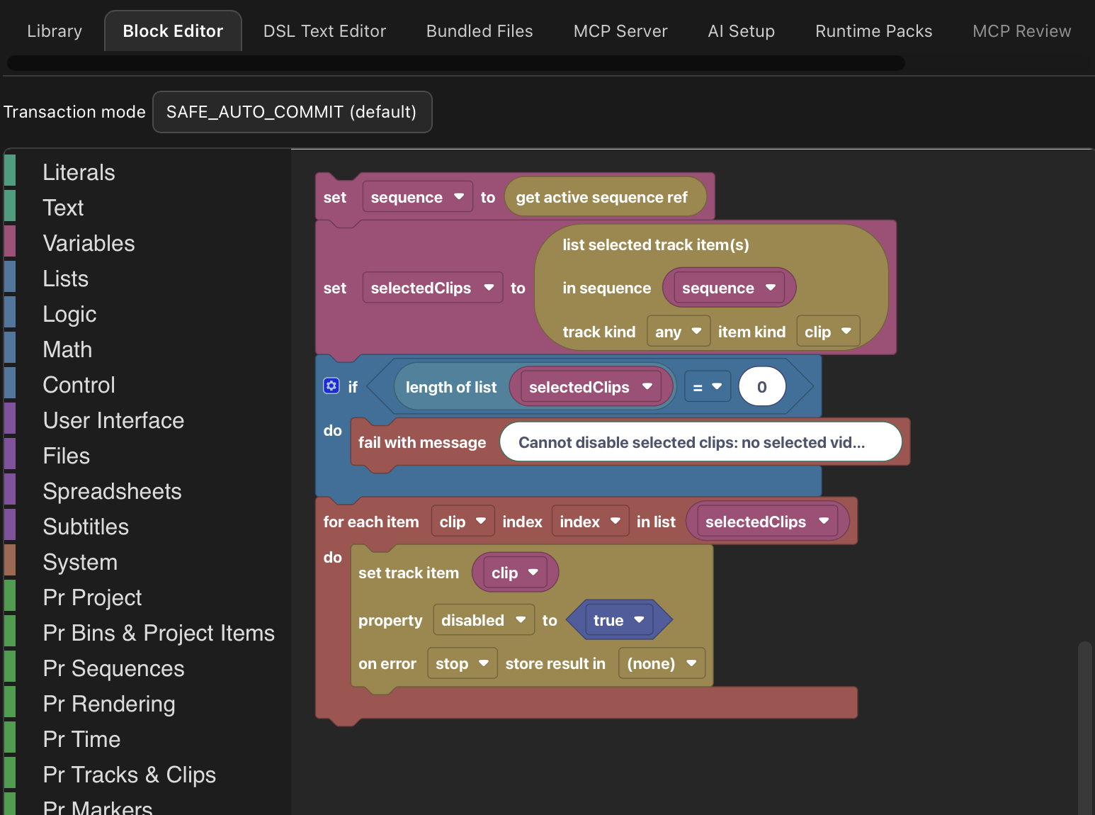 Automation Agent Block Editor showing a readable workflow that finds selected clips and disables each one.