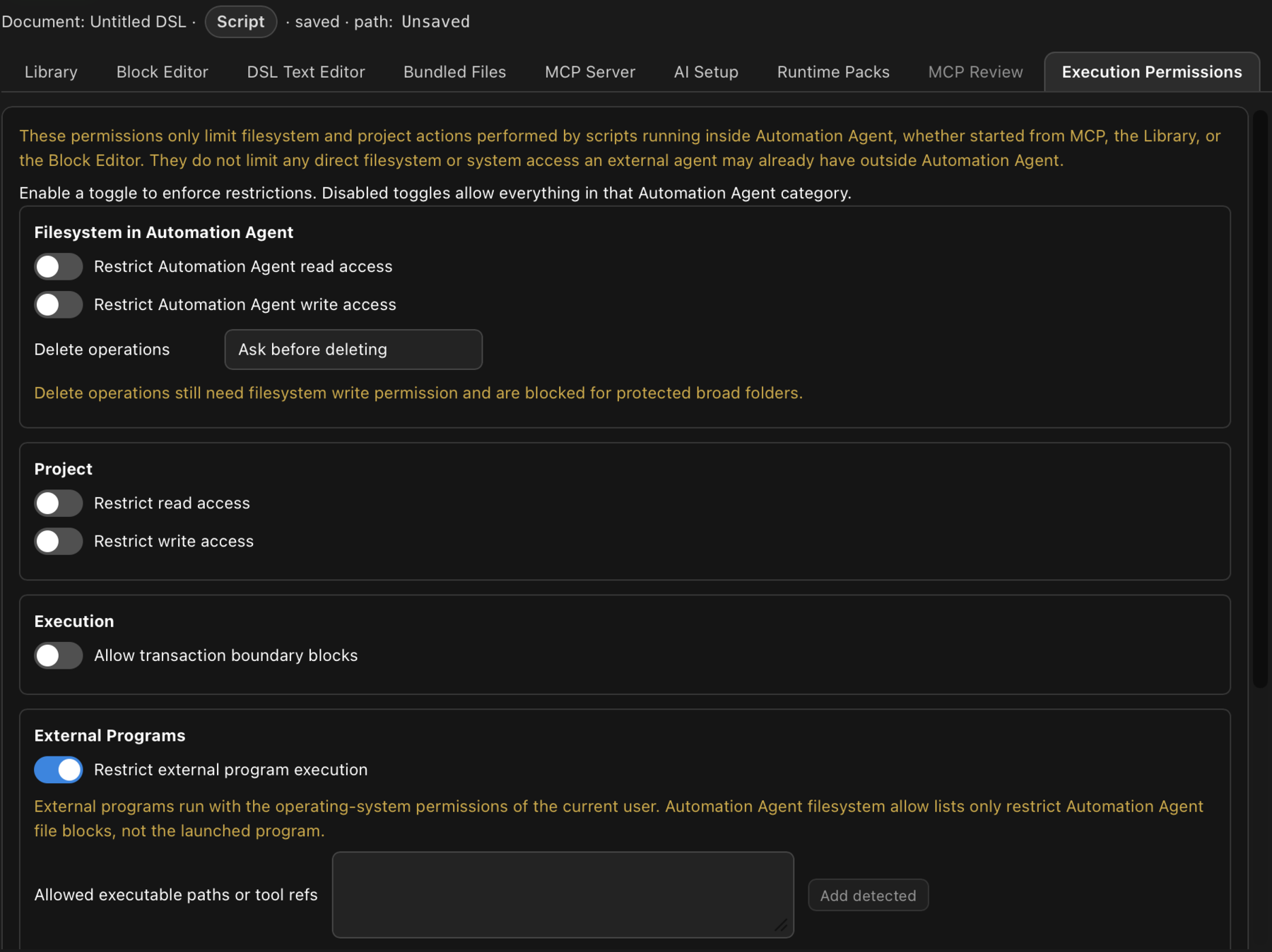 Automation Agent Execution Permissions with separate filesystem, project, transaction, and external-program controls.