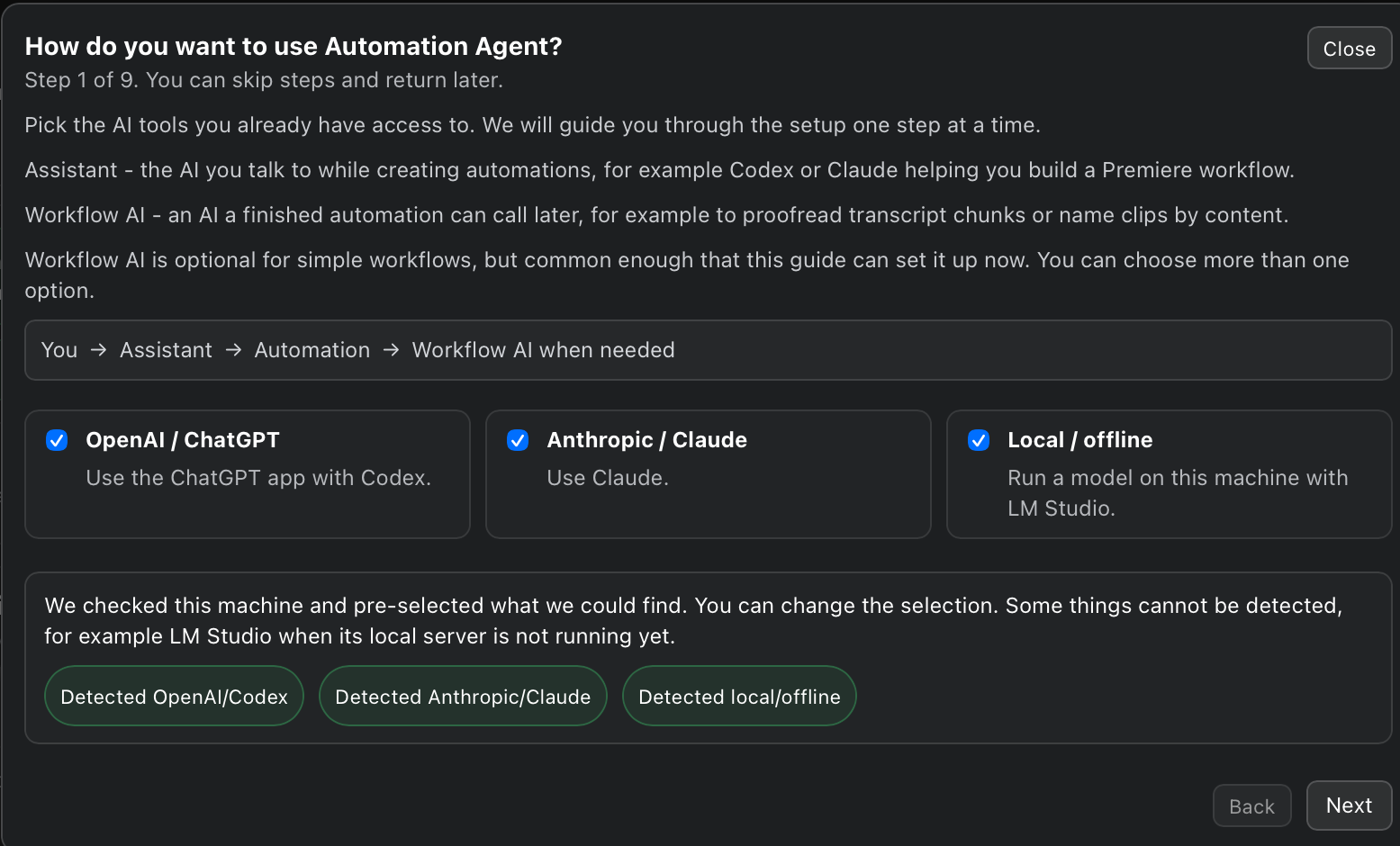 First Guided Setup step with OpenAI and ChatGPT, Anthropic and Claude, and Local or offline AI access selected.