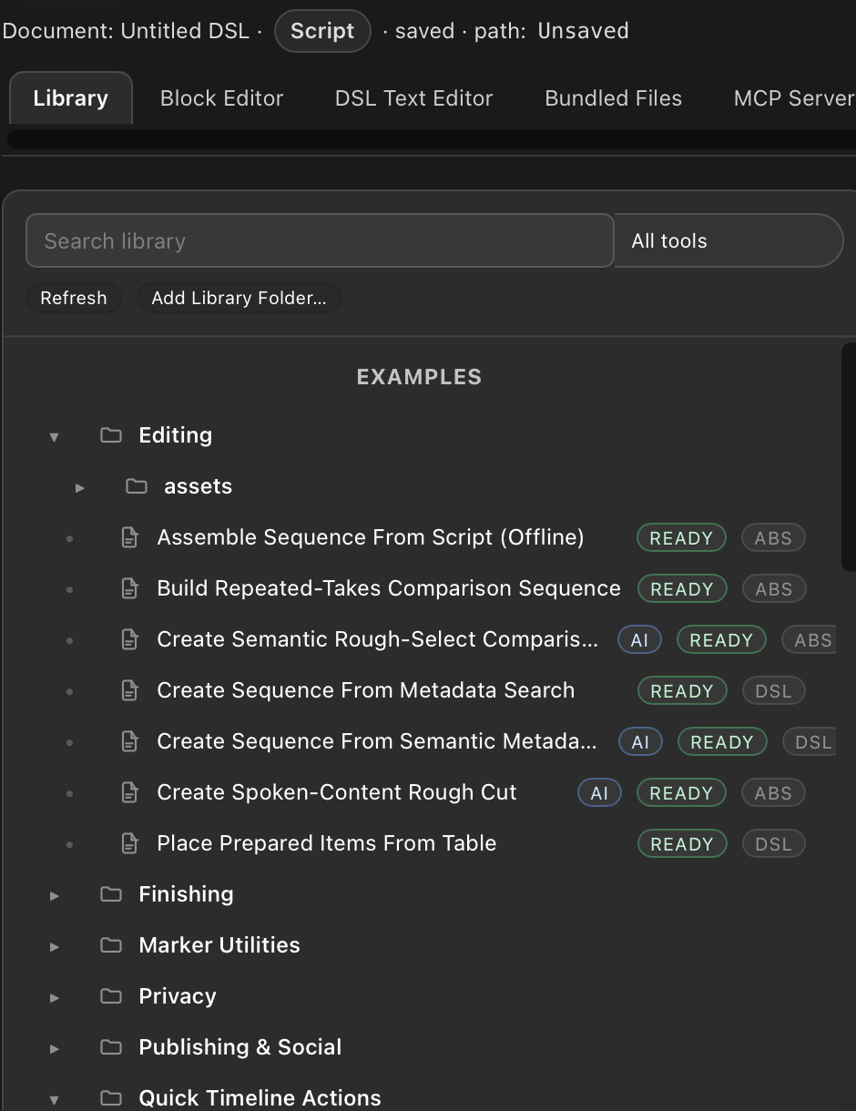 Automation Agent Library showing example workflow categories and ready, AI, ABS, and DSL status labels.