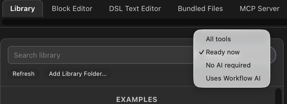 Automation Agent Library filter menu with All tools, Ready now, No AI required, and Uses Workflow AI options.