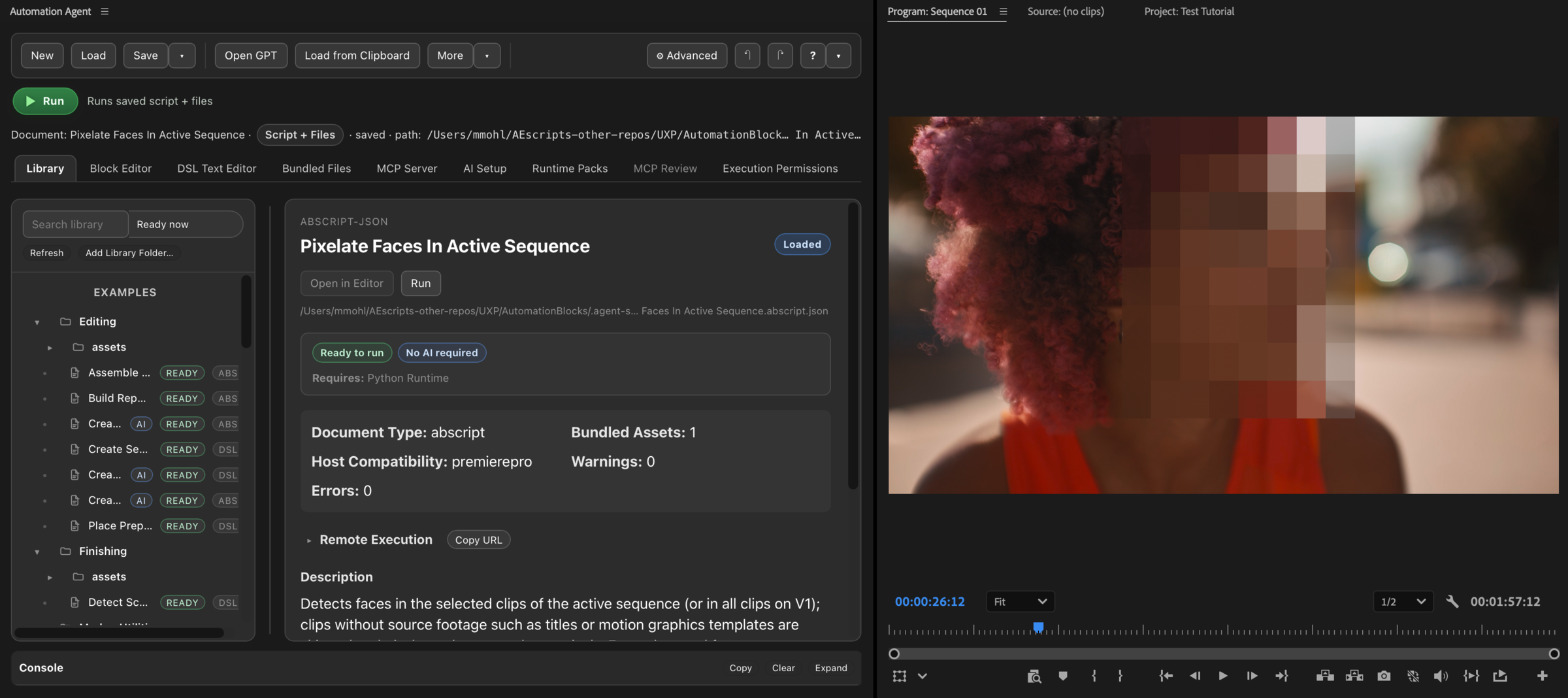 Automation Agent with Pixelate Faces In Active Sequence ready to run beside a visibly pixelated face in Premiere Pro's Program Monitor
