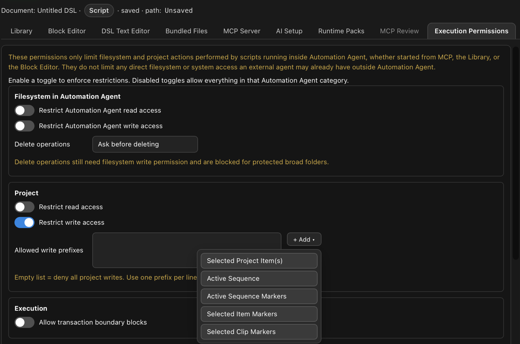 Project write access restriction with presets for selected project items, the active sequence, and marker scopes.