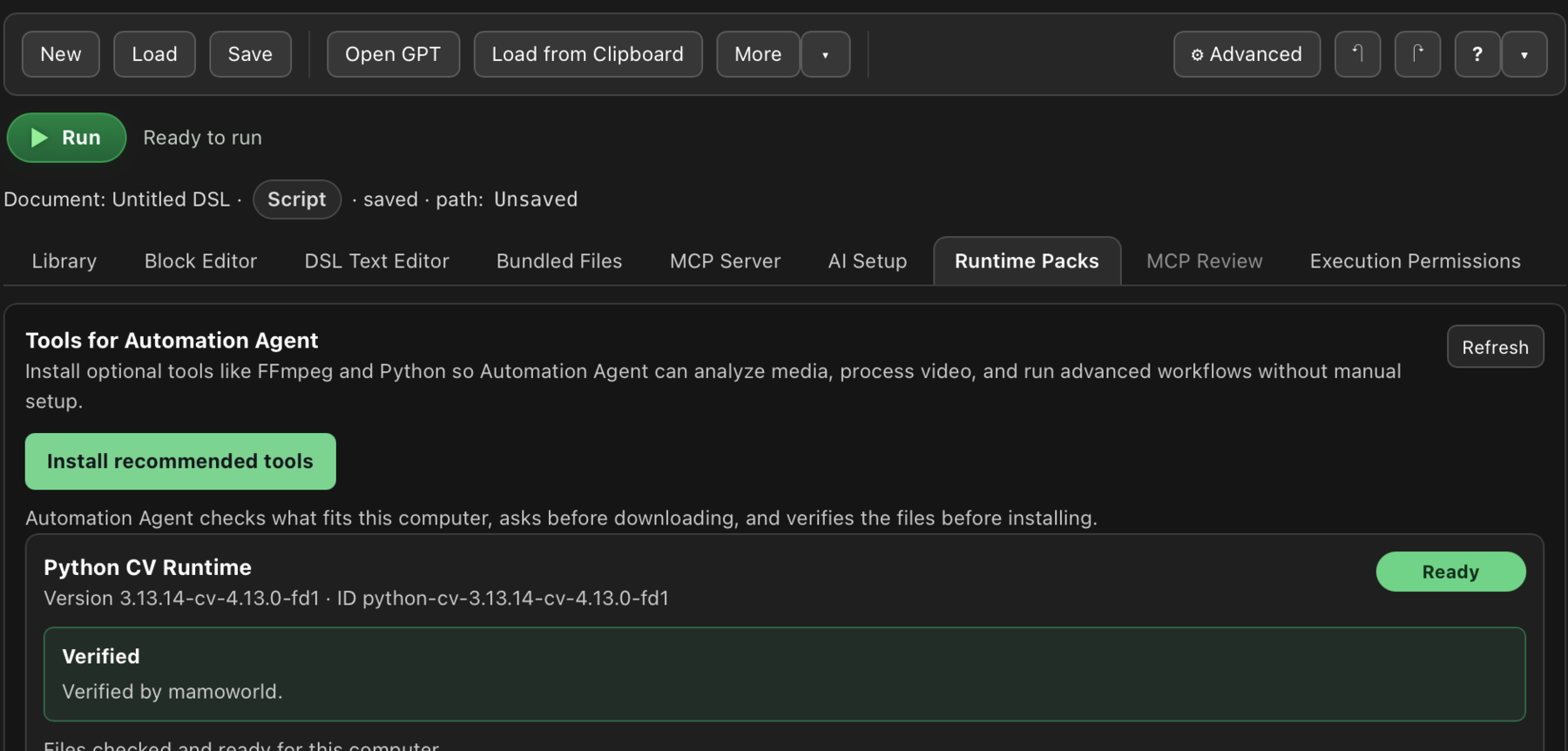 Automation Agent Runtime Packs tab showing a ready and verified Python CV Runtime.