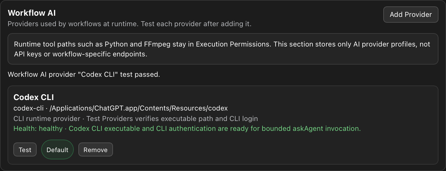 Automation Agent Workflow AI section showing a healthy Codex CLI provider after a successful test.