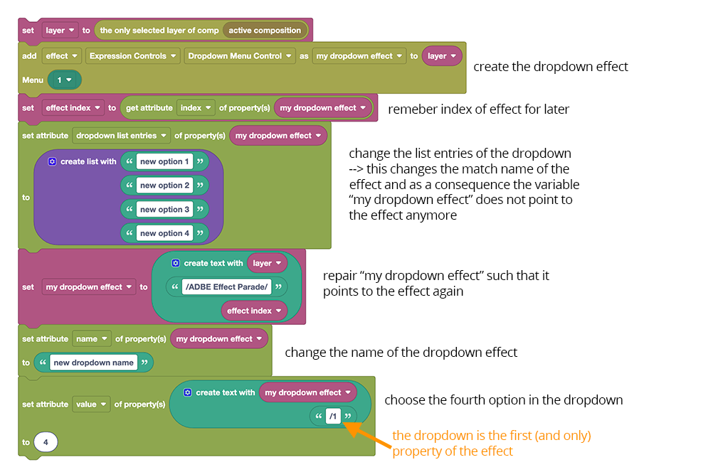 Example: create dropdown effect, change its labels and pick one of them.