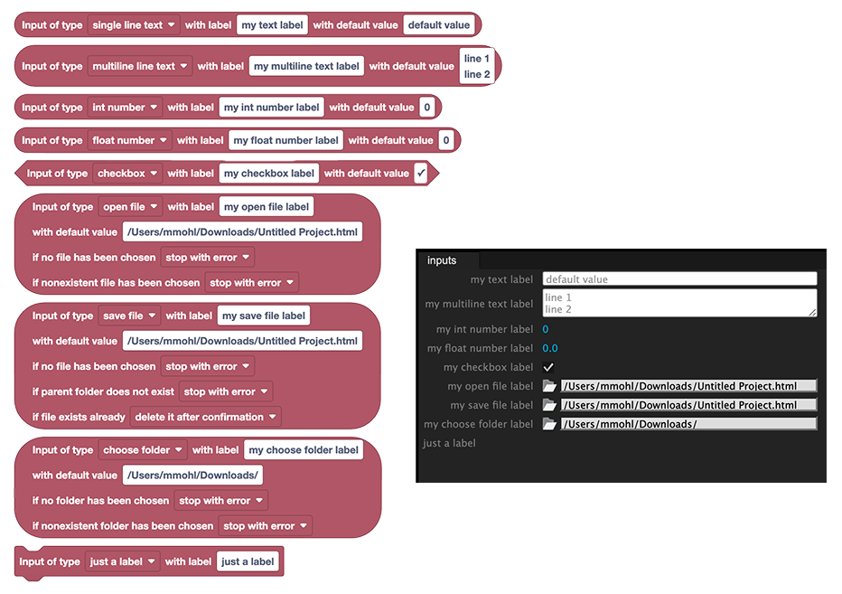 List of all inputs which can be created