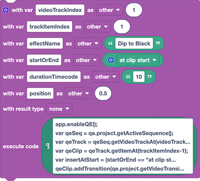 apply a transition to clips in Premiere Pro using Automation Blocks