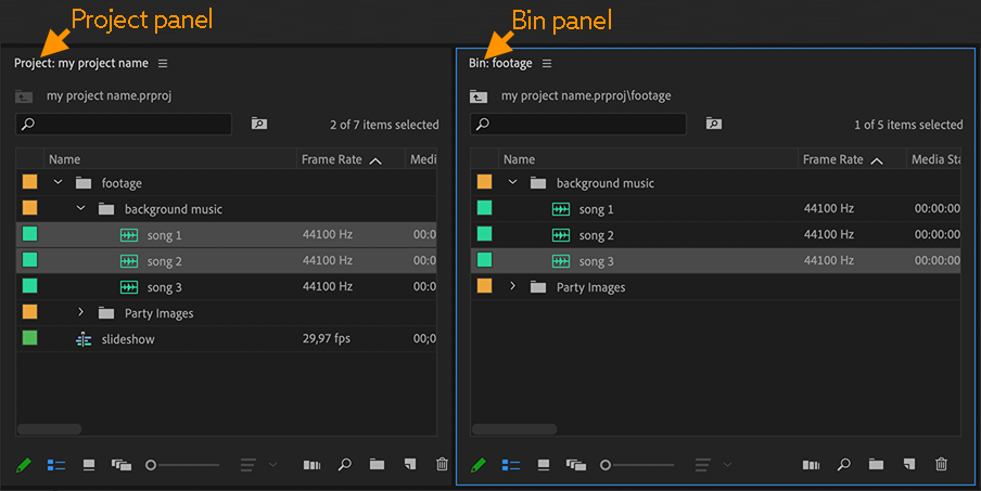 project panel vs bin panel