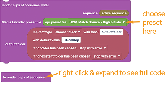 Choose the default export preset in the block code